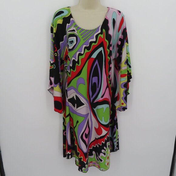 Cache Women Medium Groovy Disco Swirl Multicolor Retro Scoop Neck All Silk Dress - Picture 10 of 11